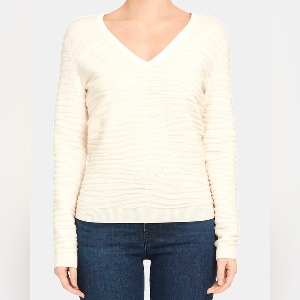 Theory Wool V-Neck Sweater in Plush Zebra Ivory S